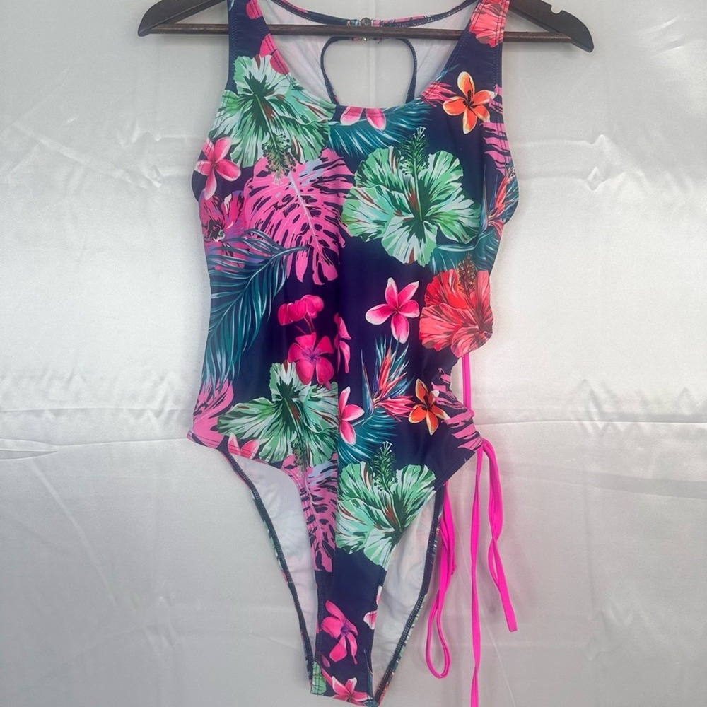 Unbranded Tropical Floral One Piece Swimsuit XL Navy Pink Cutout String Side
